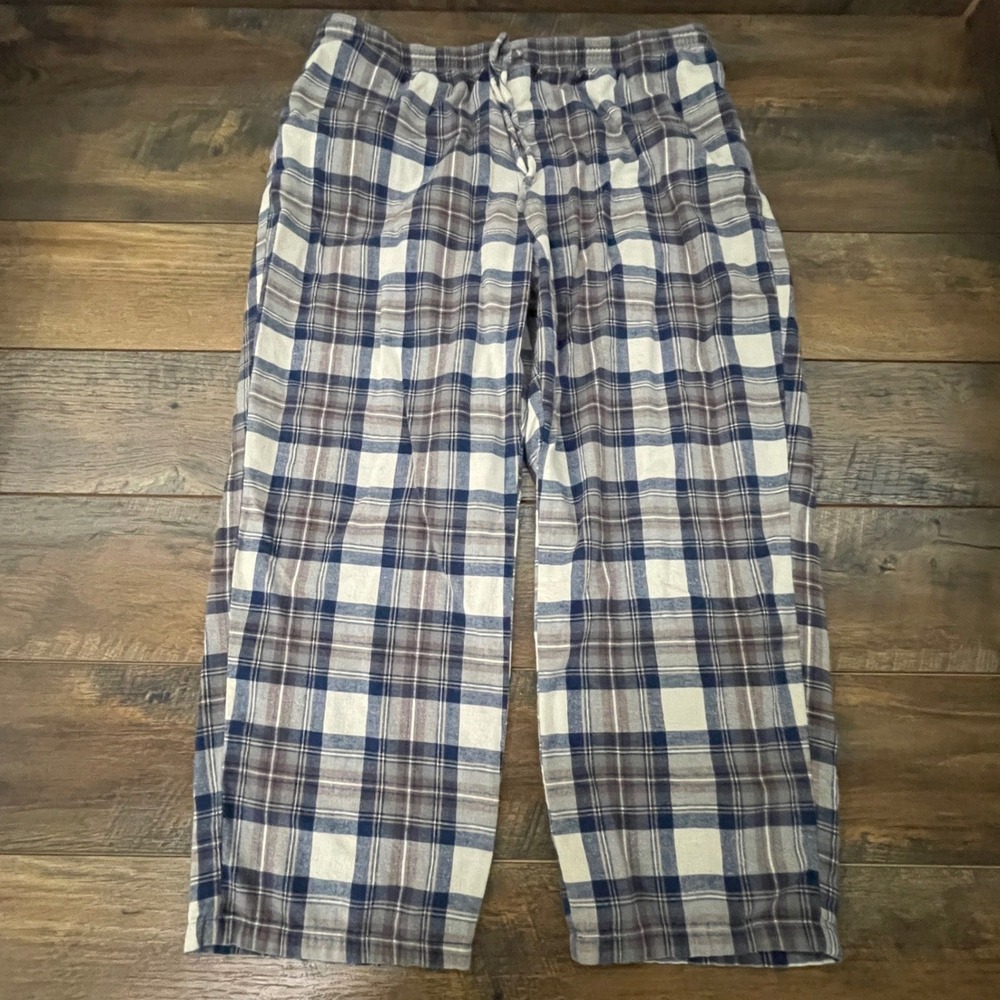 LL Bean Flannel Pajama Pants XL 30 Blue Brown Plaid Cotton Sleepwear Pockets